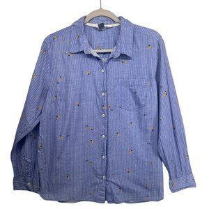 Old Navy Womens Top Sz L The Classic Shirt Blue PinStripe Avocados Pineapples